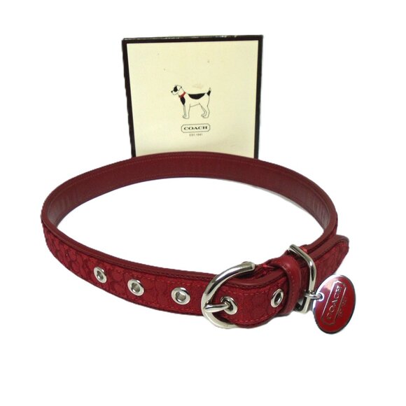 NEW COACH SMOOTH LEATHER RED JACQUARD SIGNATURE C DOG PET COLLAR 4003 SIZE XL - Picture 1 of 16